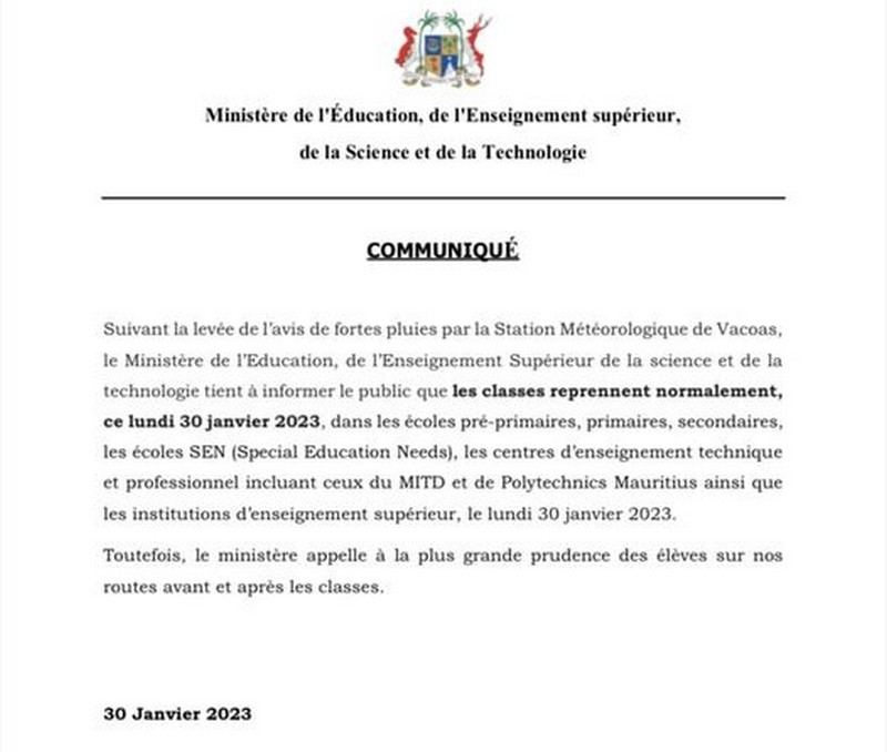 Communiqué du Ministère de l'Éducation du 30 janvier 2023