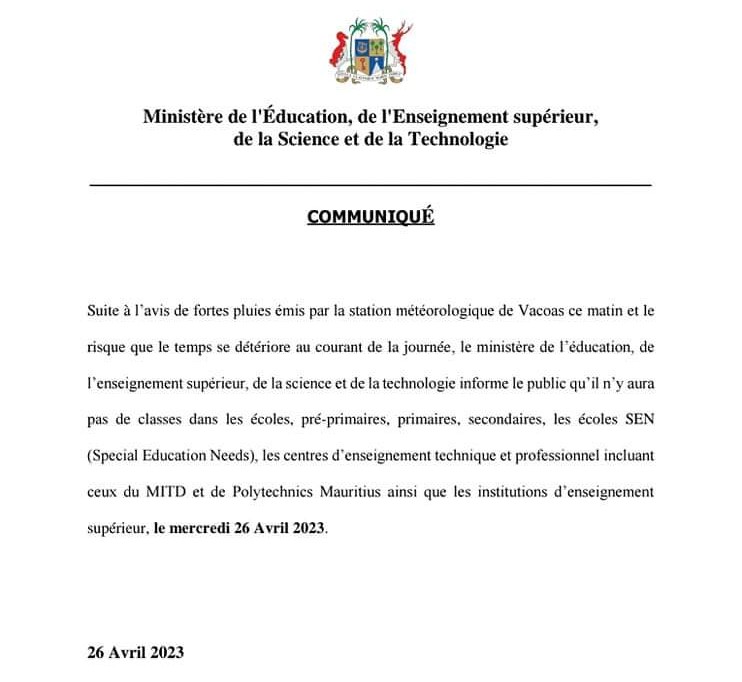 Communiqué ministère de l'Éducation du 26 avril 2023